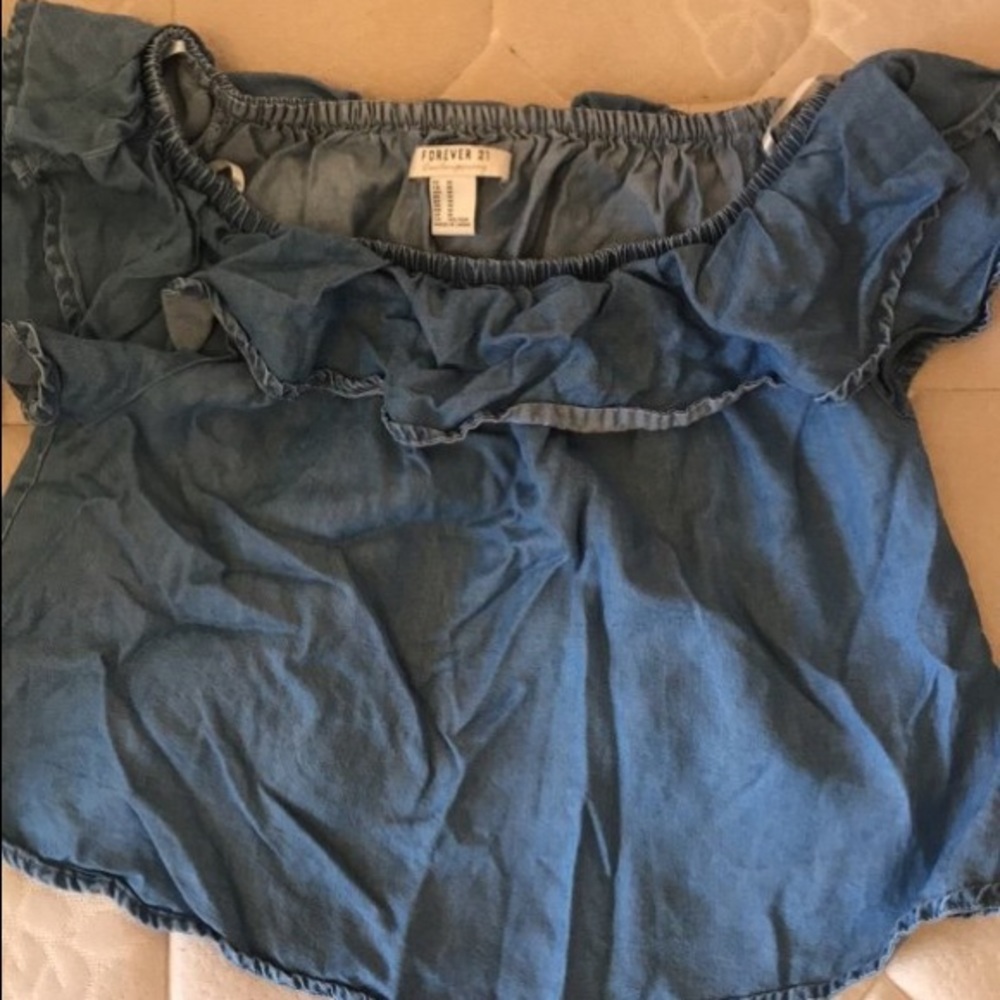 Off the Shoulder Blue Jean Shirt